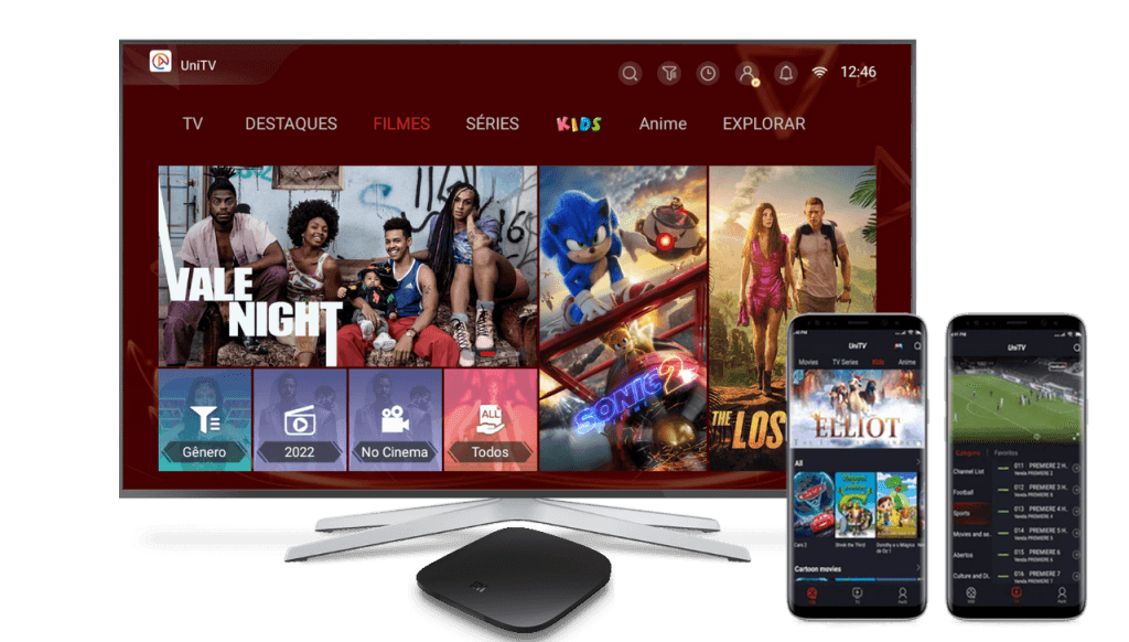 Imagem do aplicativo UniTV em uma TV, uma TV Box e dois celulares, mostrando a interface do app